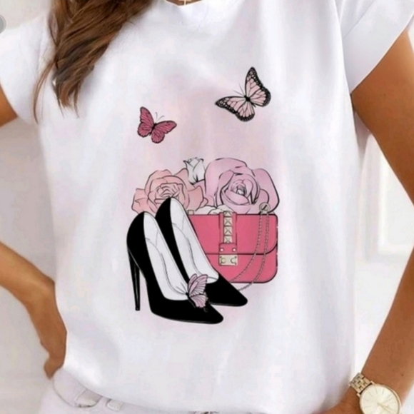 Boutique New Tops - White Butterfly High Heels Graphic Tee Shirt Short Sleeve Crew Neck Size Med